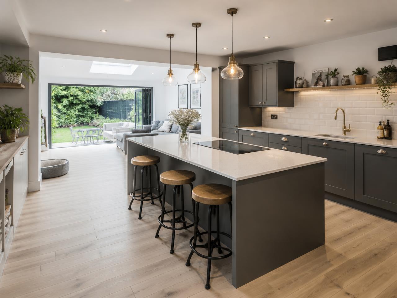 Open-plan kitchen extension with island and bifold doors